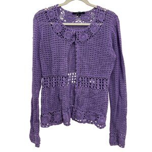 Chadwicks Crochet Open-Front Cardigan Womens L Lavender Purple Lightweight Knit